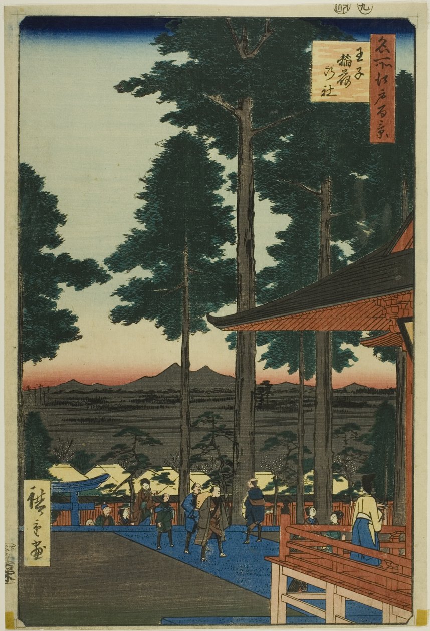 Oji Inarin pyhäkkö (Oji Inari no yashiro), sarjasta "Sata kuuluisaa näkymää Edosta (Meisho Edo hyakkei)". tekijältä Utagawa Hiroshige