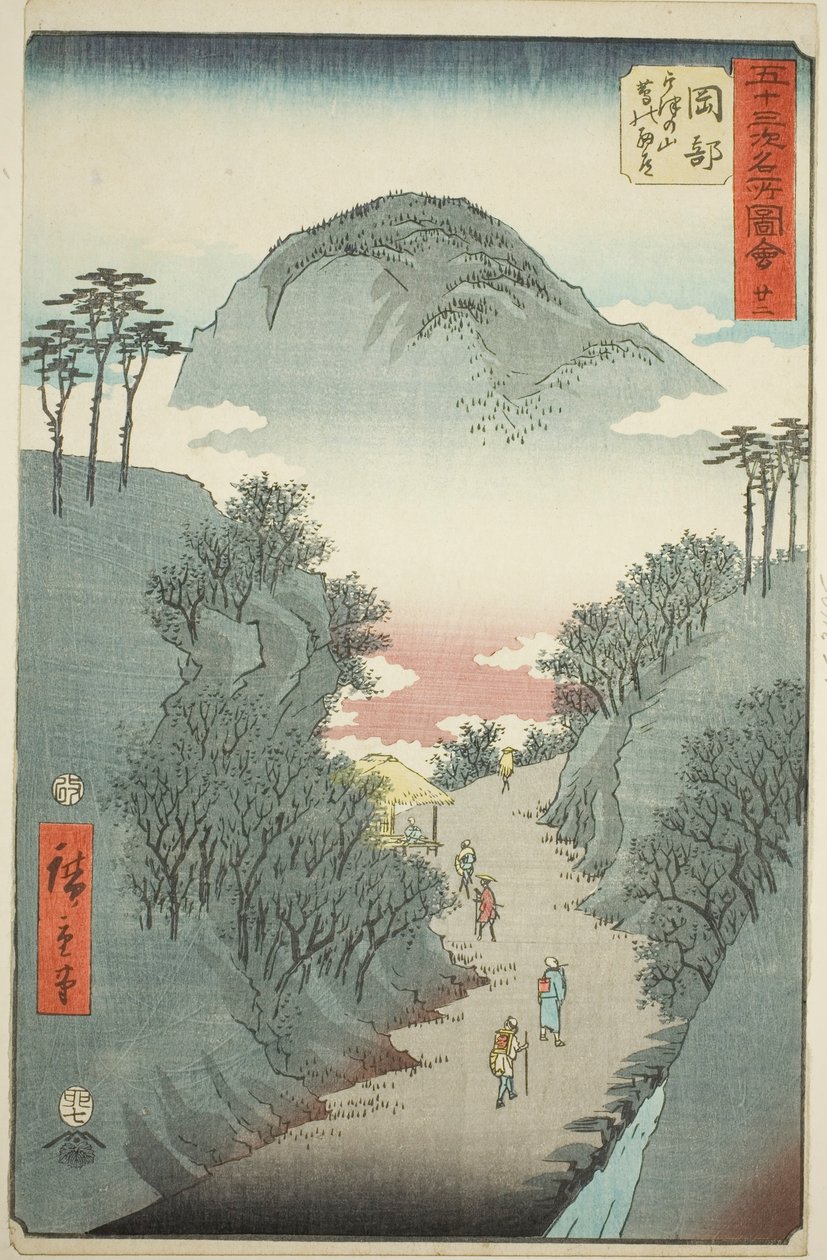 Okabe: Kapea muratin peittämä tie Mount Utsussa (Okabe, Utsu no yama tsuta no hosomichi), no. 22 sarjasta "Famous Sights of the Fifty-three Station (Gojusan tsugi meisho zue)," tunnetaan myös nimellä Vertical Tokaido tekijältä Utagawa Hiroshige