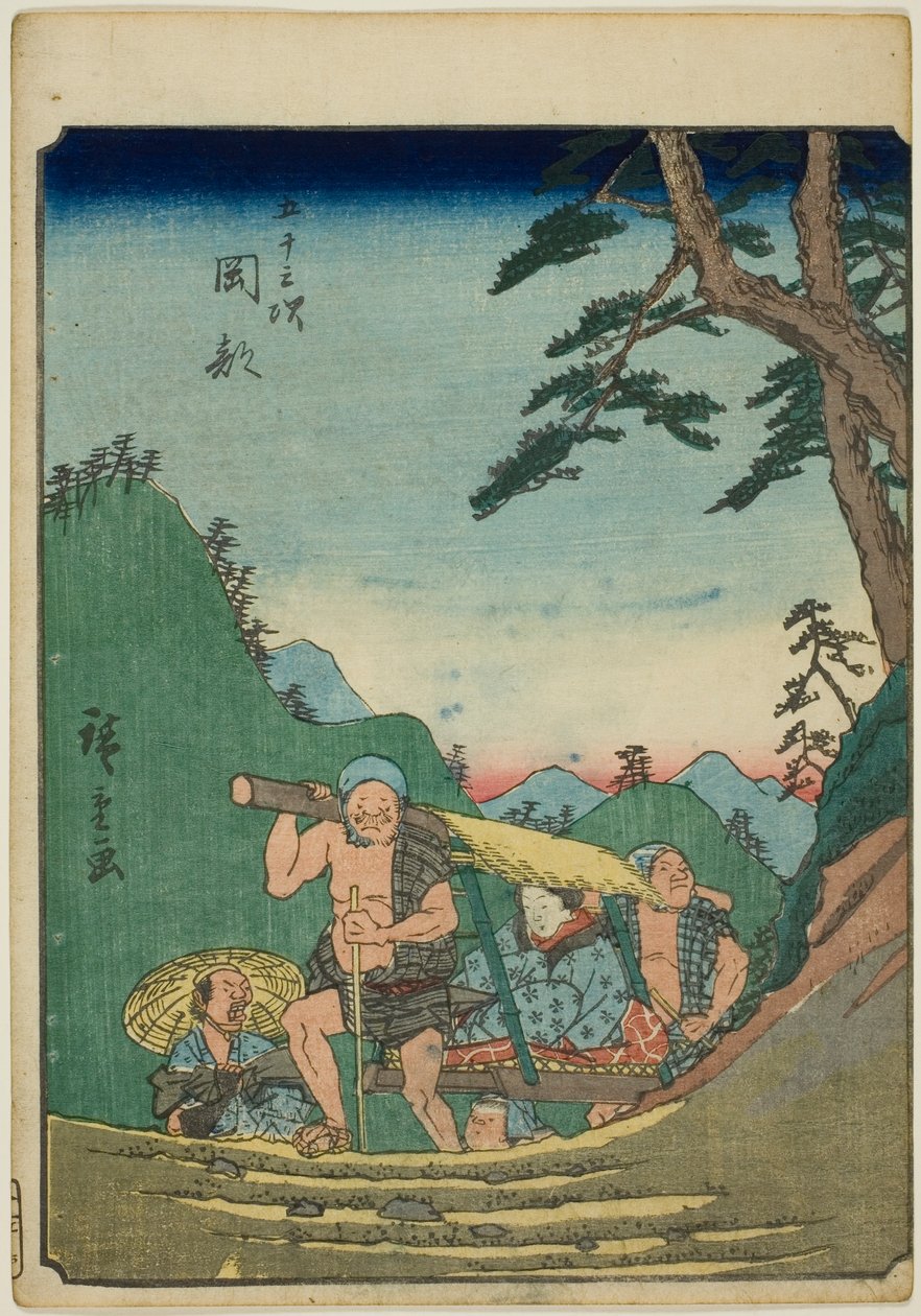 Okabe, from the series "Fifty-three Stations [of the Tokaido] (Gojusan tsugi)," also known as the Figure Tokaido (Jinbutsu Tokaido) tekijältä Utagawa Hiroshige