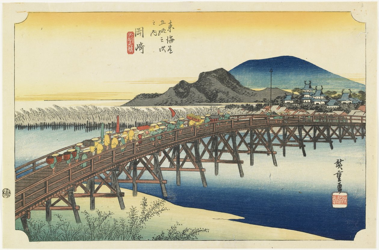 Okazaki--Yahagin silta, noin 1833. tekijältä Utagawa Hiroshige