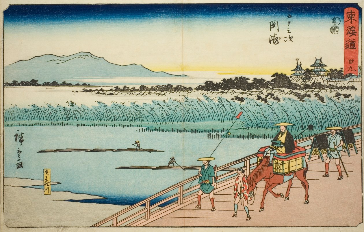 Okazaki: Yahagi River (Okazaki, Yahagigawa) – nro 39, sarjasta "Fifty-three Stations of the Tokaido (Tokaido gojusan tsugi)", joka tunnetaan myös nimellä Reisho Tokaido tekijältä Utagawa Hiroshige