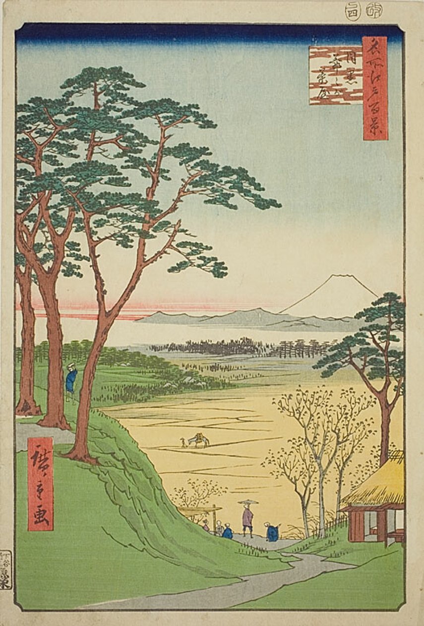 Vanhan miehen teehuone, Meguro (Meguro Jijigachaya), nro 84 sarjasta "Sata kuuluisaa näkymää Edosta (Meisho Edo hyakkei)". tekijältä Utagawa Hiroshige