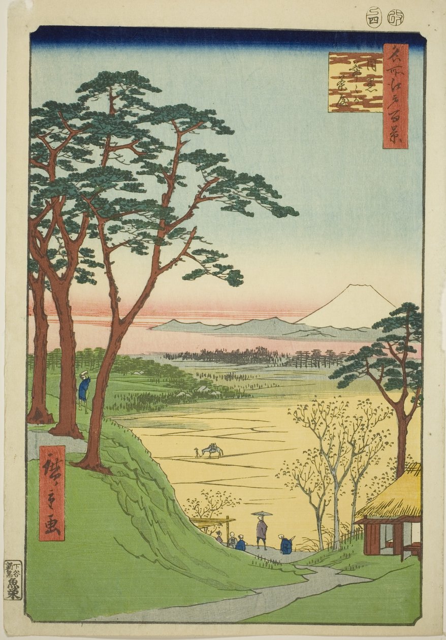 Vanhan miehen teehuone, Meguro (Meguro Jijigachaya), sarjasta "Sata kuuluisaa näkymää Edosta (Meisho Edo hyakkei)". tekijältä Utagawa Hiroshige