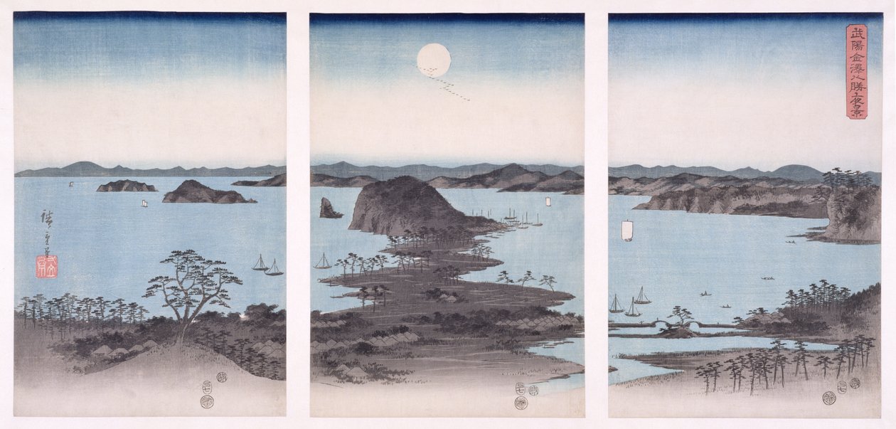 Panoraama Kanazawan näkymistä täysikuun alla, sarjasta "Lumi, kuu ja kukat", 1857 (puupainatus) tekijältä Utagawa Hiroshige