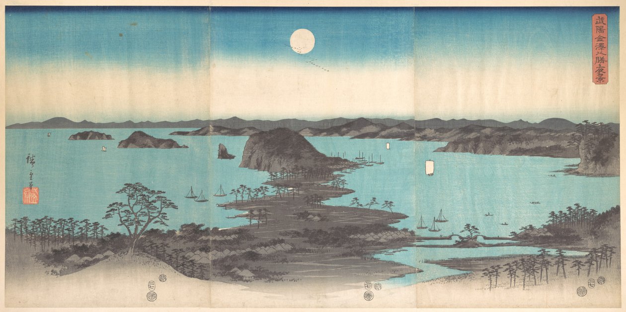Panoraama Kanazawan kahdeksasta näkymästä täysikuun aikaan tekijältä Utagawa Hiroshige