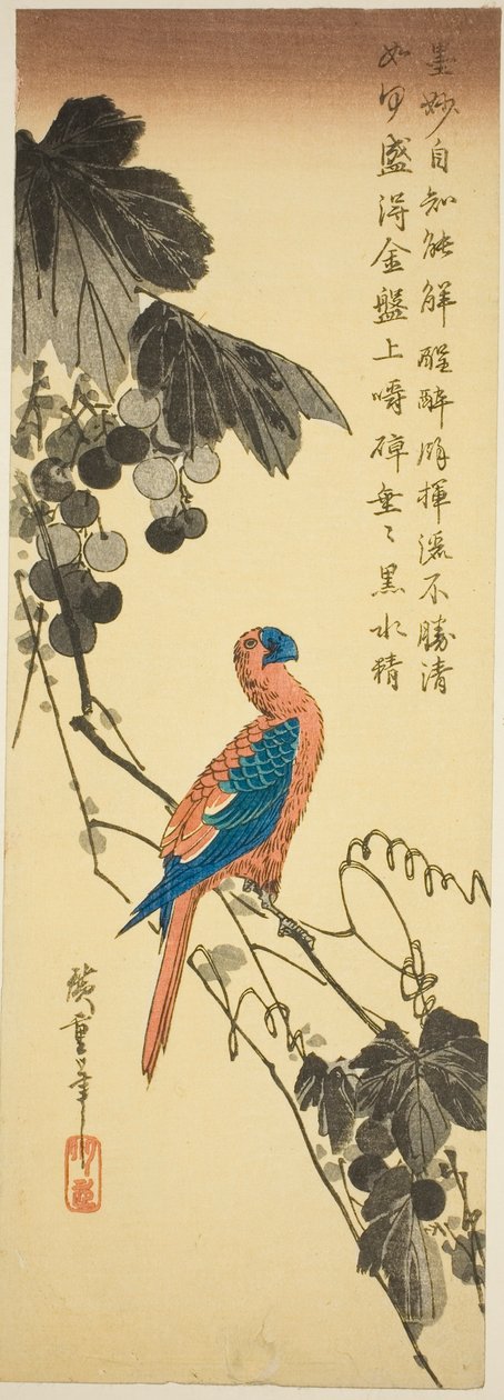 Papukaija viiniköynnöksellä tekijältä Utagawa Hiroshige