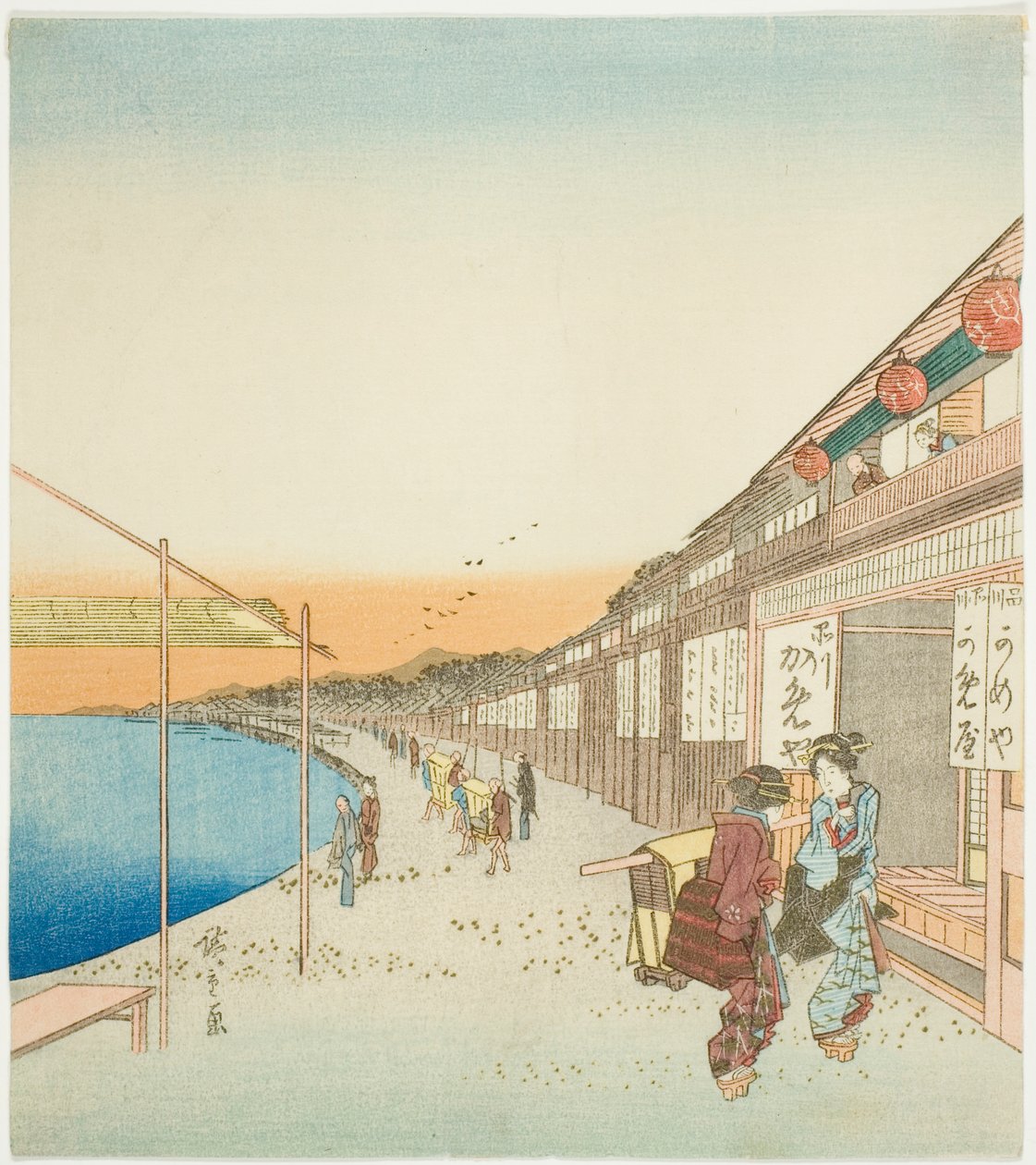 Jalankulkijat ja kaupat Shinagawan satamassa tekijältä Utagawa Hiroshige
