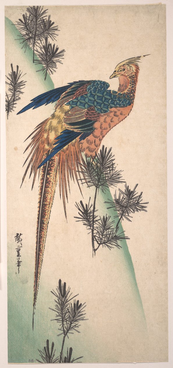 Fasaani ja mäntyjä lumisella rinteellä tekijältä Utagawa Hiroshige