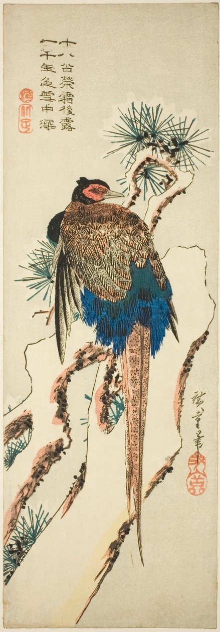 Fasaani lumen peittämässä männyssä tekijältä Utagawa Hiroshige