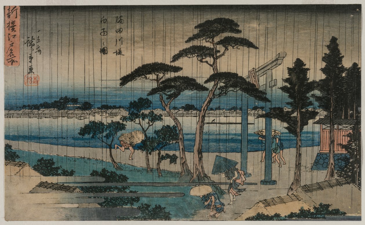Kuva kevyestä sateesta Sumida-joen rannalla sarjasta A New Selection of Famous Places in Edo tekijältä Utagawa Hiroshige