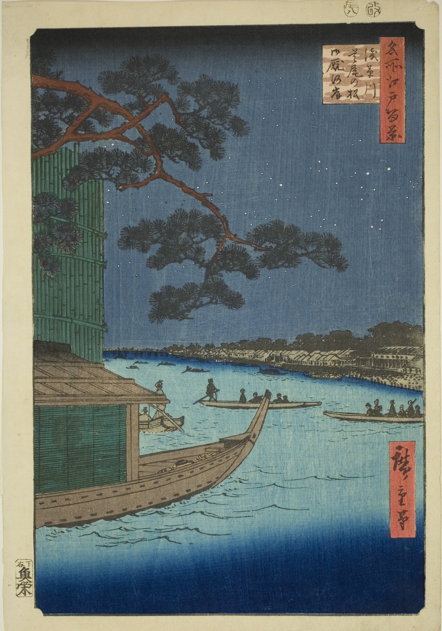 Pine f Sutton Plan d Umaya, Asakusa-joki (Asakusa-joen puolustus mäntyhevoset ja nälkä), sata näkymää Edoon)” tekijältä Utagawa Hiroshige