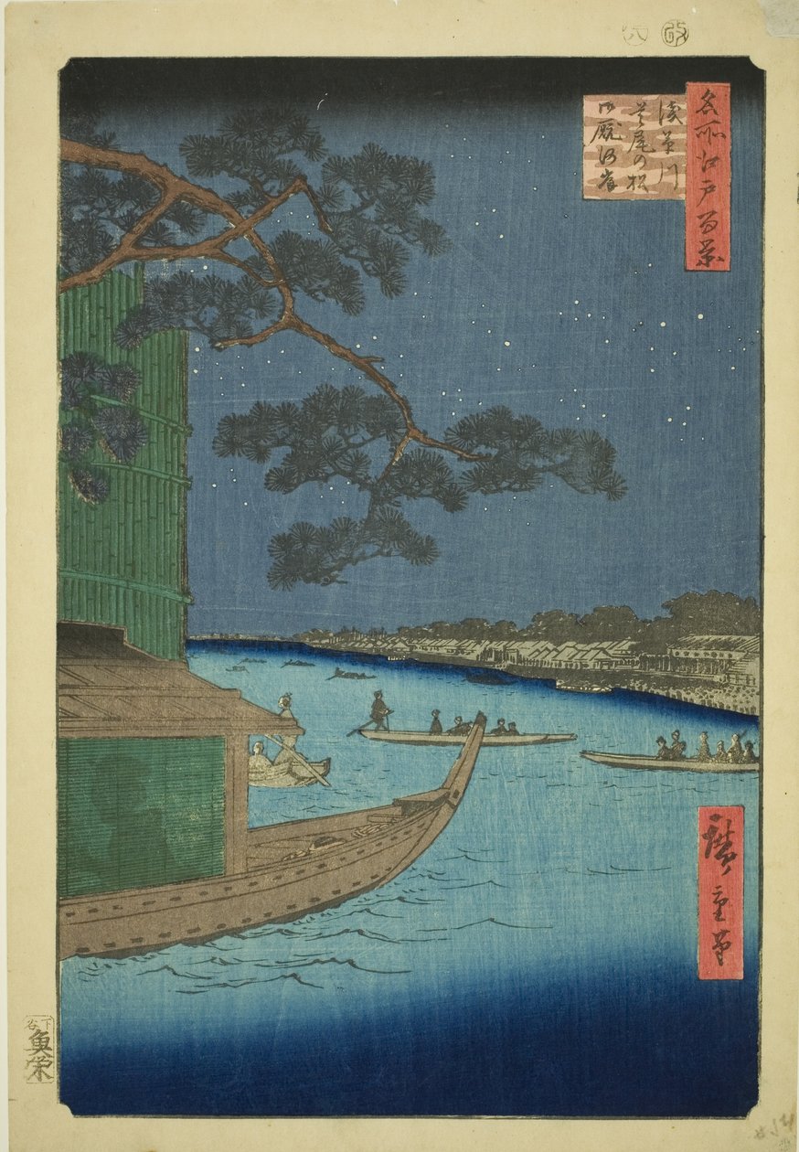 Pine f Sutton Plan d Umaya, Asakusa-joki (Asakusa-joen puolustus mäntyhevoset ja nälkä), sata näkymää Edoon)” tekijältä Utagawa Hiroshige