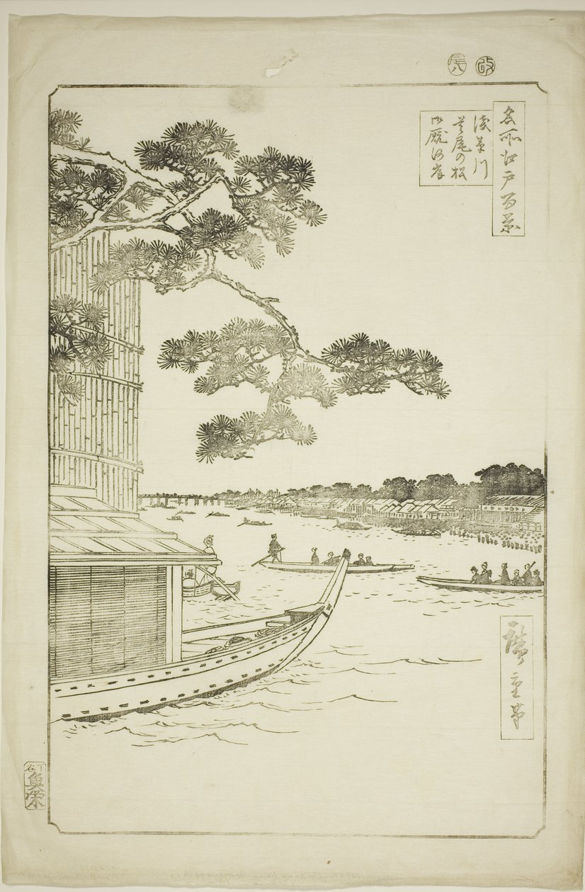 Pine f Sutton Plan d Umaya, Asakusa-joki (Asakusa-joen puolustus mäntyhevoset ja nälkä), sata näkymää Edoon)” tekijältä Utagawa Hiroshige