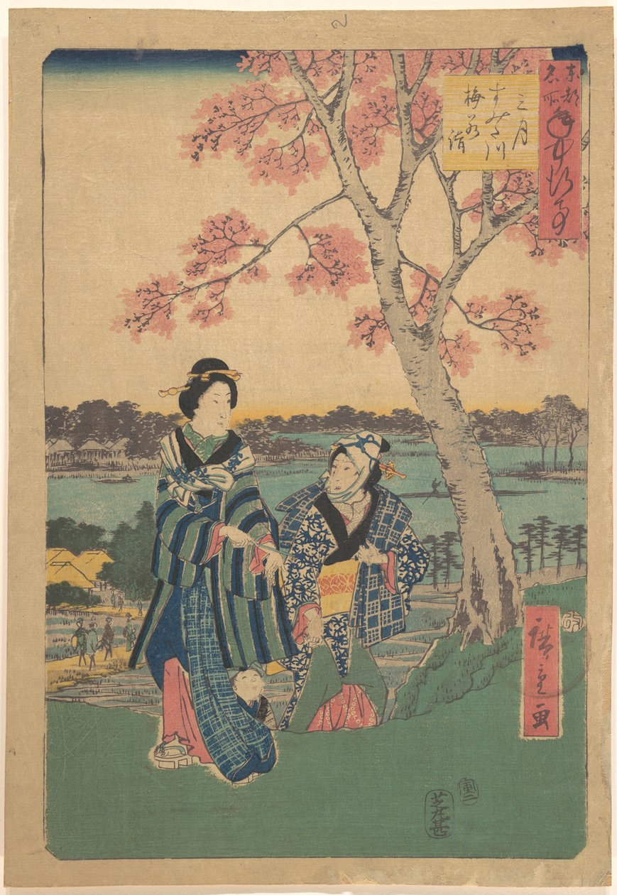 Luumunkukkien katselu kolmantena kuukautena Sumidajoella sarjasta "Vuotuisia tapahtumia itäisen pääkaupungin kuuluisissa paikoissa" (Tōto meisho nenjū gyōji sangatsu sumitagawa waka mōde) tekijältä Utagawa Hiroshige