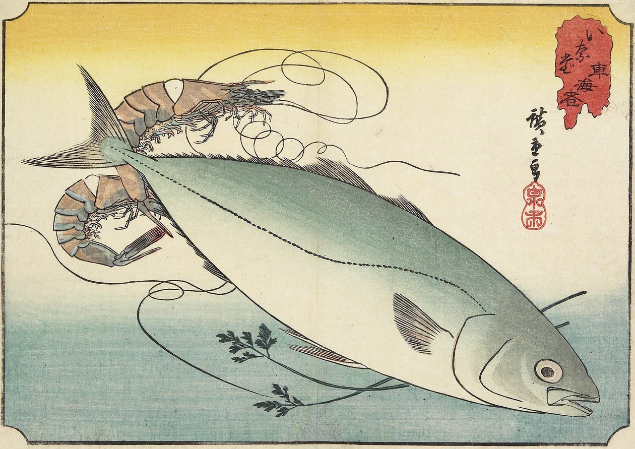 Katkarapu ja keltainen häntä, 1800-luvun alku tekijältä Utagawa Hiroshige