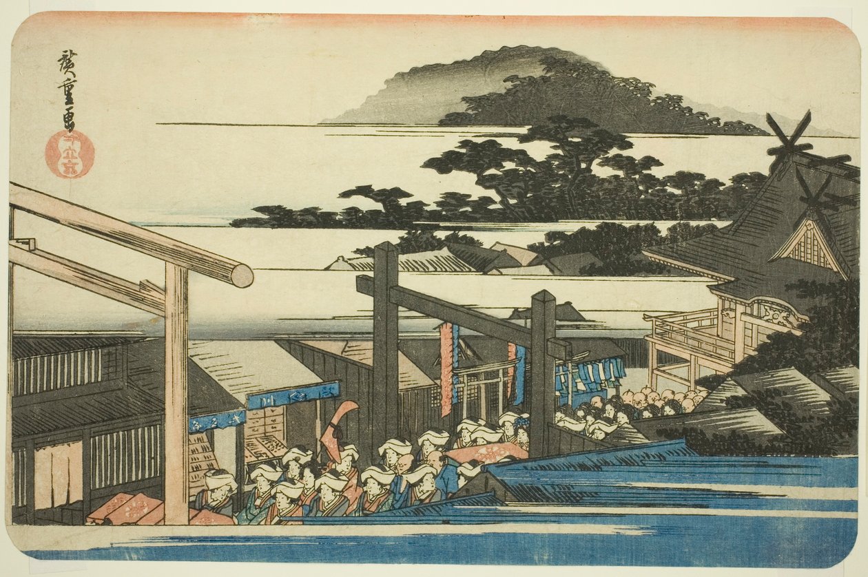 Shiba Shinmei -pyhäkön (Shiba Shinmei keidai) piirit sarjasta "Itäisen pääkaupungin kuuluisia paikkoja (Toto meisho)" tekijältä Utagawa Hiroshige