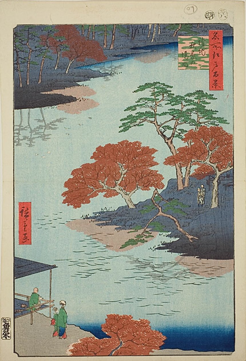Akiba-pyhäkön esikuvat, Ukeji (Ukeji Akiba no keidai), nro 91 sarjasta "Sata kuuluisaa näkymää Edosta (Meisho Edo hyakkei)". tekijältä Utagawa Hiroshige