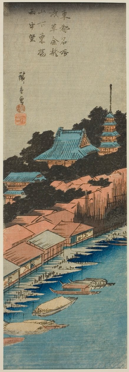Sade Azuma-sillalla Kinryuzan-temppelin alapuolella Asakusassa (Asakusa Kinryuzan shita Azuma Bashi uchu bo), sarjasta "Itäisen pääkaupungin kuuluisat näkymät (Toto meisho)" tekijältä Utagawa Hiroshige