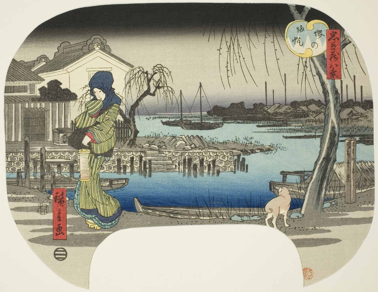 Paluupurjeet Sakailla (Sakai no kihan), sarjasta "Kahdeksan näkymää uskollisten pidättäjien valtiovarainministeriöstä (Chushingura hakkei)" tekijältä Utagawa Hiroshige