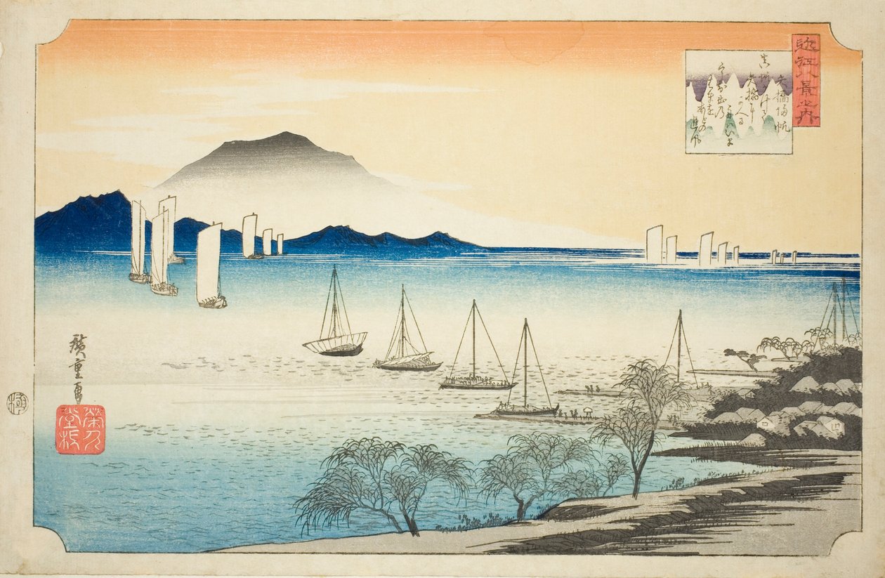 Retsu r Ning Sails Yabasessa (Yabase no Kihan), sarjasta "Eight ws of Omi" tekijältä Utagawa Hiroshige