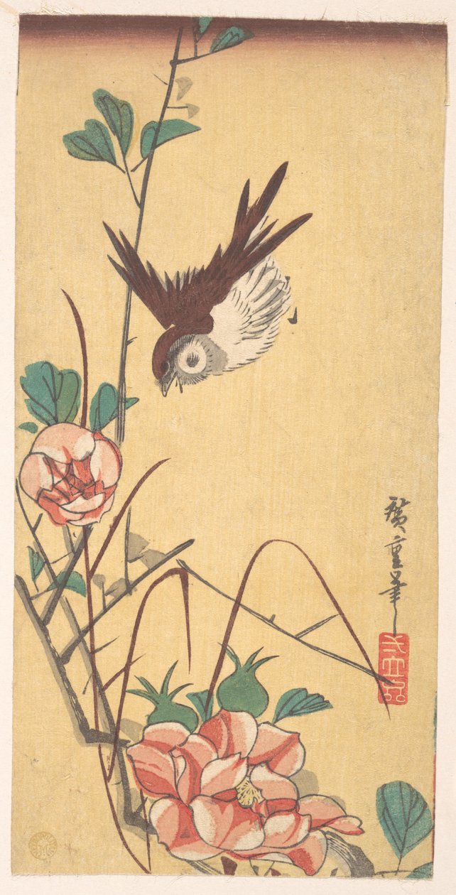 Ruusuja ja varpunen tekijältä Utagawa Hiroshige