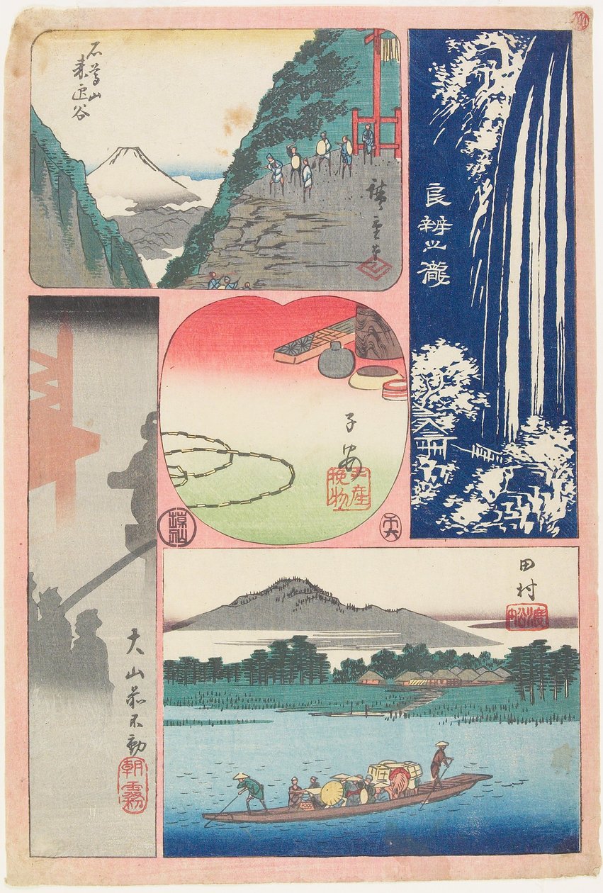 Ryōben-zanin putous, Tamuran lautta, Aamusumu Ōyaman pyhätöllä, Vuori ja laakso, Koyasun matkamuisto tekijältä Utagawa Hiroshige