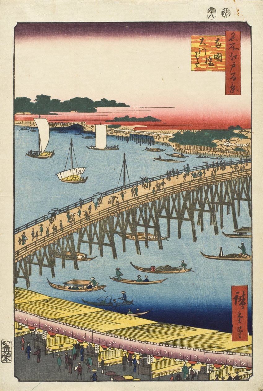 Ryōgoku-silta ja suuri joenranta tekijältä Utagawa Hiroshige
