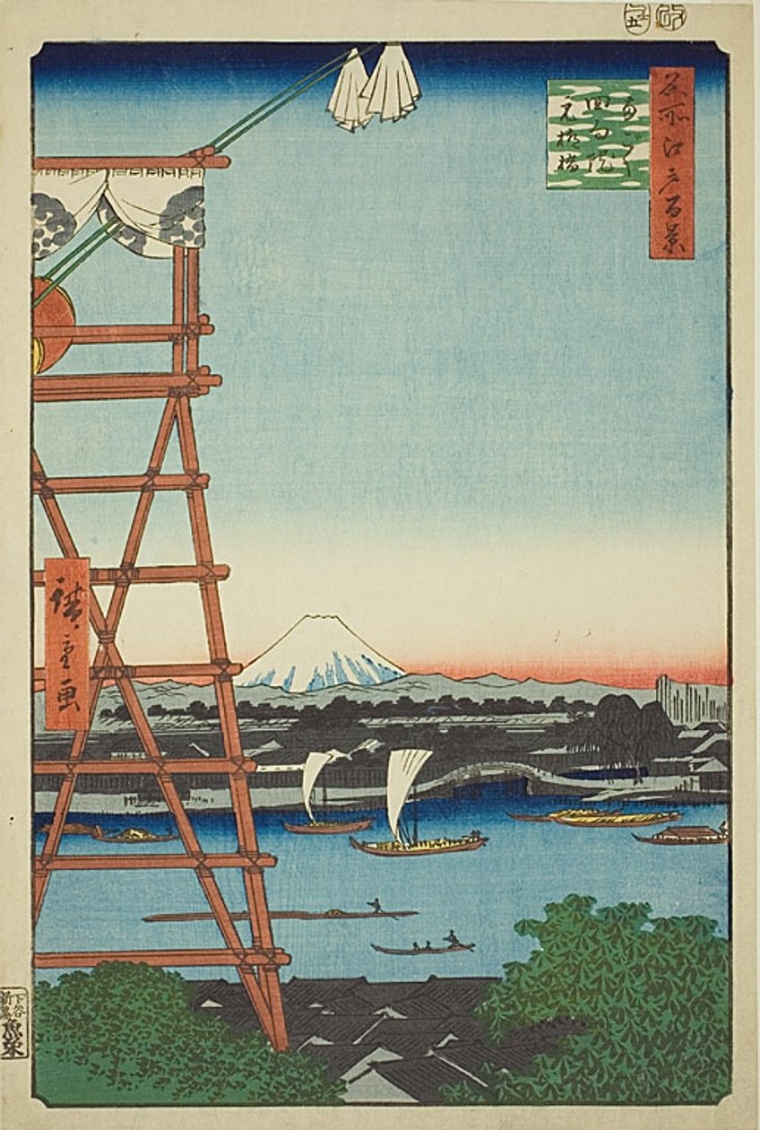 Ryogoku Ekoin ja Moto-Yanagi-silta (Ryogoku Ekoin Moto-Yanagibashi), nro 5 sarjasta "Sata kuuluisaa näkymää Edosta (Meisho Edo hyakkei)". tekijältä Utagawa Hiroshige