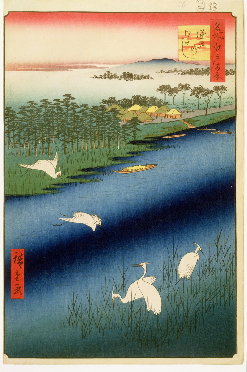 Sakasai-lautta, kilpi 67 sarjasta Sata kuuluisaa Edon näkymää, Edo-kausi, Ansei-aika, 1857 (puupainatus) tekijältä Utagawa Hiroshige