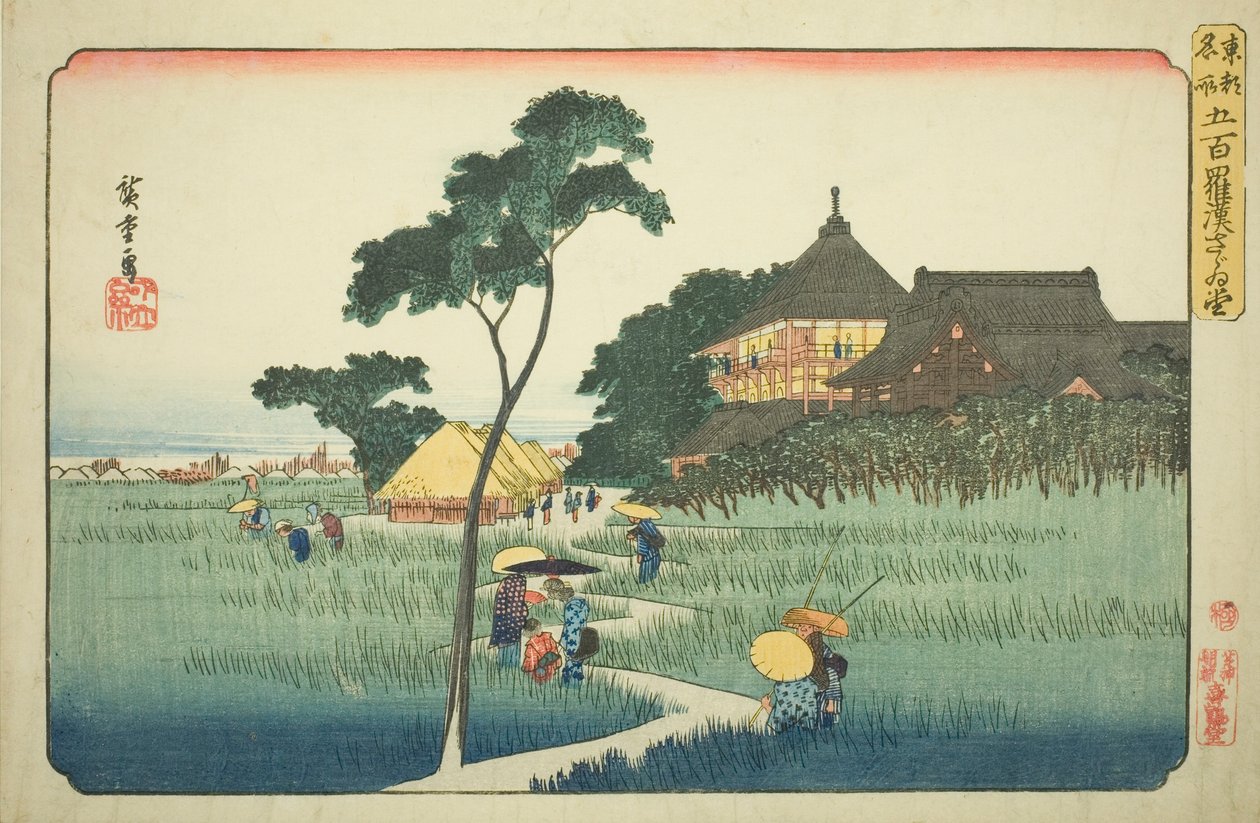 Sazai-sali Viidensadan Arhatin temppelissä (Gohyaku rakan Sazaido), sarjasta "Itäisen pääkaupungin kuuluisia paikkoja (Toto meisho)" tekijältä Utagawa Hiroshige