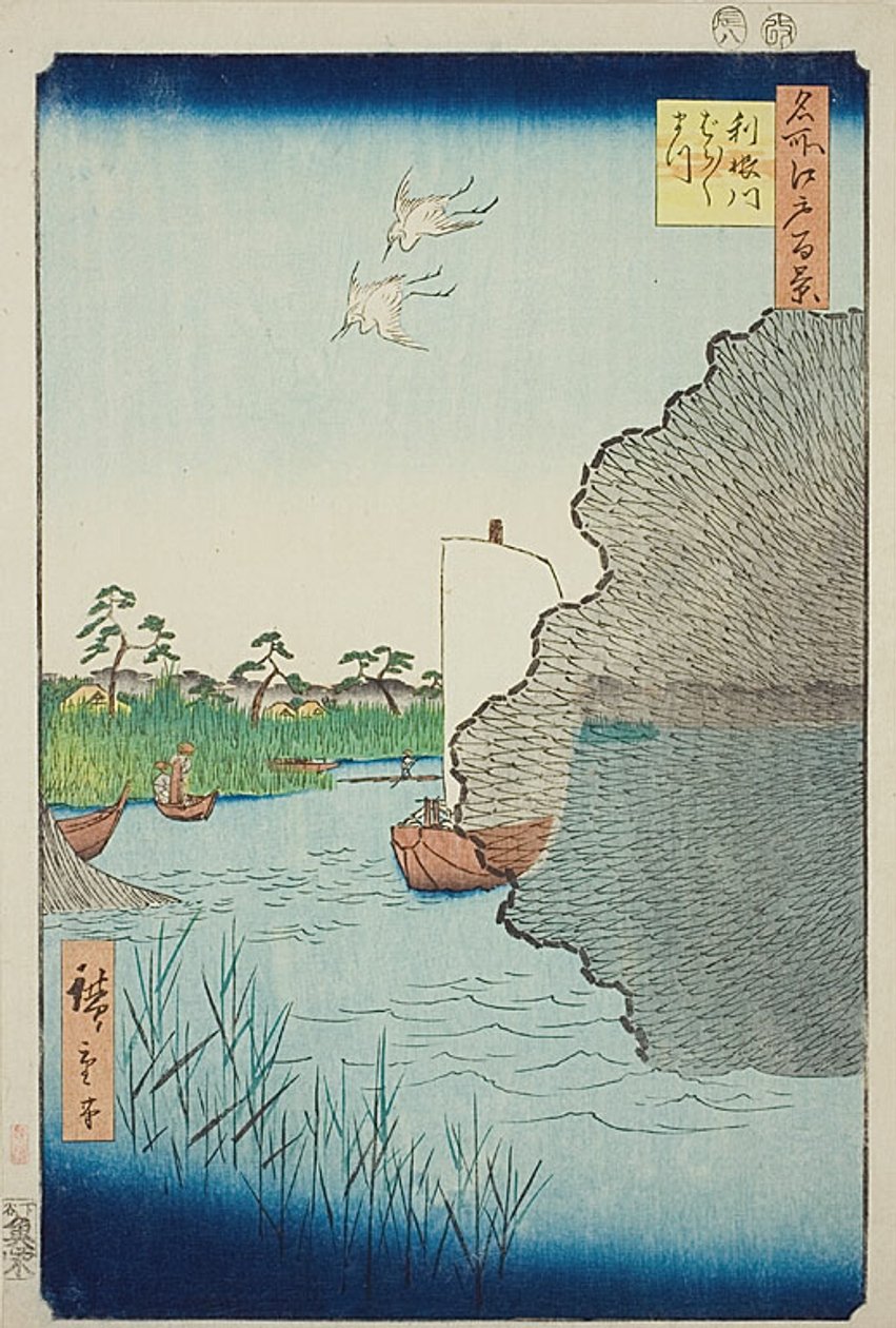 Scattered Pines on the Tone River (Tonegawa Barabara-matsu), nro 71 sarjasta "One Hundred Famous Views of Edo (Meisho Edo hyakkei)". tekijältä Utagawa Hiroshige