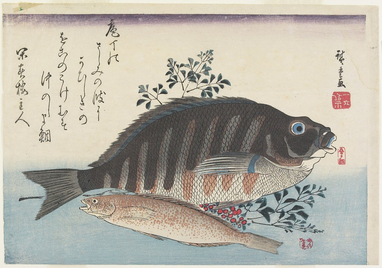 Merilahna, merilahna ja nandina-oksat, n. 1840 tekijältä Utagawa Hiroshige