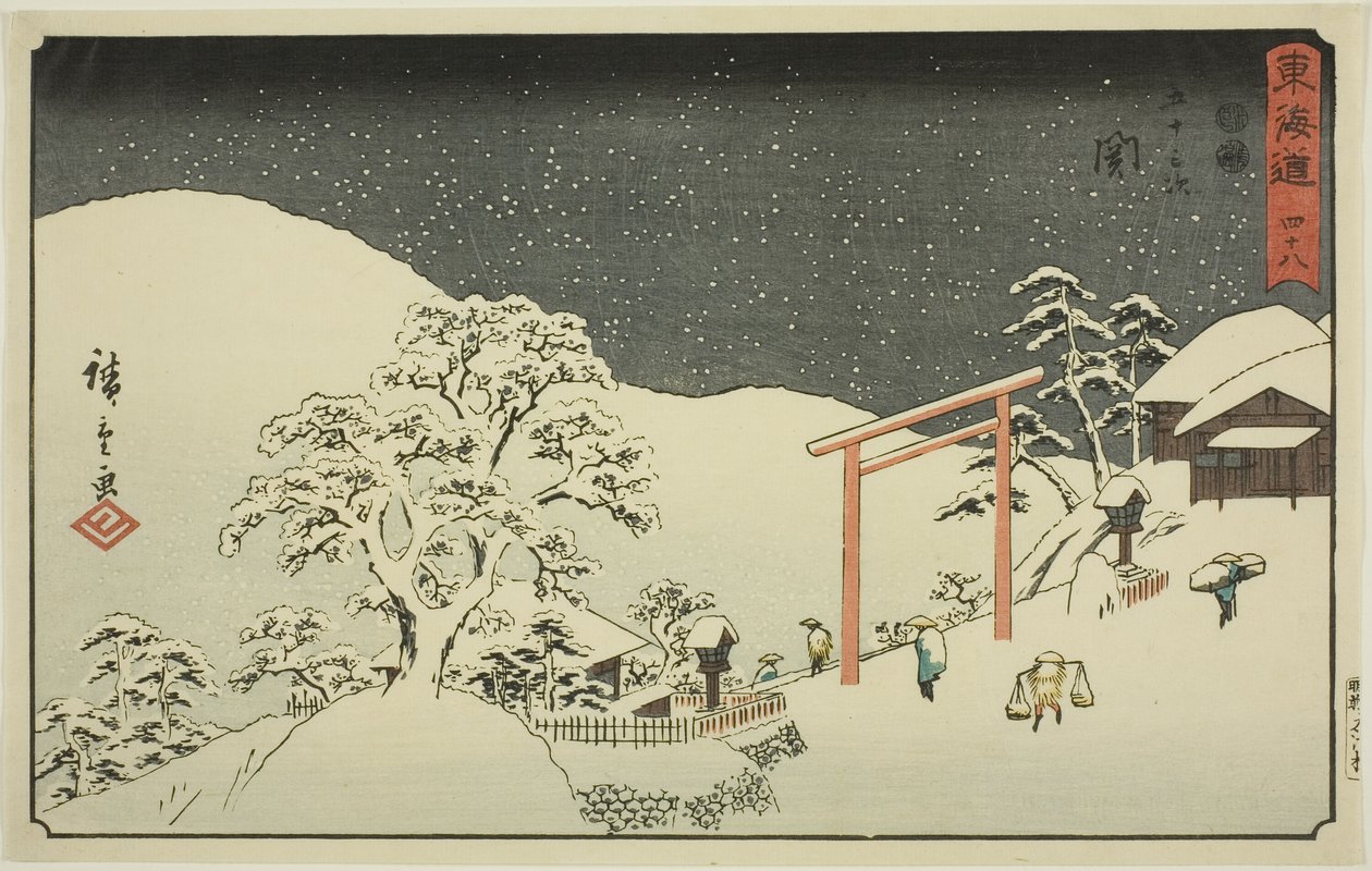 Seki - Ei. 48, sarjasta "Fifty-three Stations of the Tokaido (Tokaido gojusan tsugi)", joka tunnetaan myös nimellä Reisho Tokaido tekijältä Utagawa Hiroshige