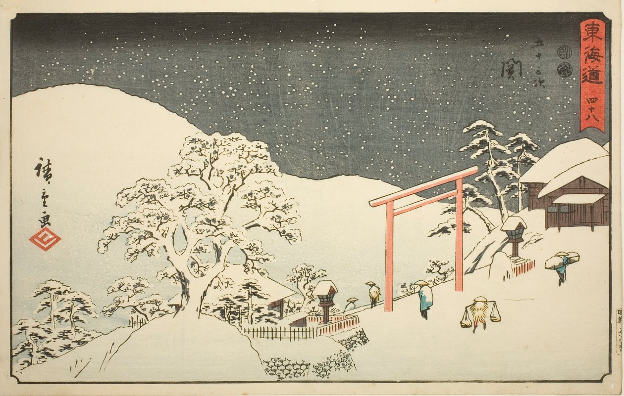 Seki - Ei. 48, sarjasta "Fifty-three Stations of the Tokaido (Tokaido gojusan tsugi)", joka tunnetaan myös nimellä Reisho Tokaido tekijältä Utagawa Hiroshige