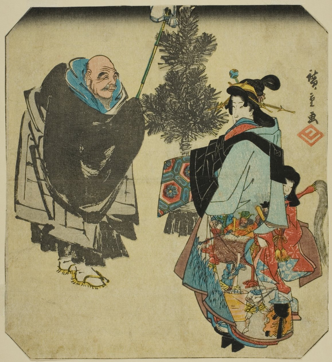 Seki: Pappi Ikkyu ja helvetin kurtisaani, sarjasta "Fifty-three Pairings for the Tokaido Road (Tokaido gojusan tsui)" tekijältä Utagawa Hiroshige