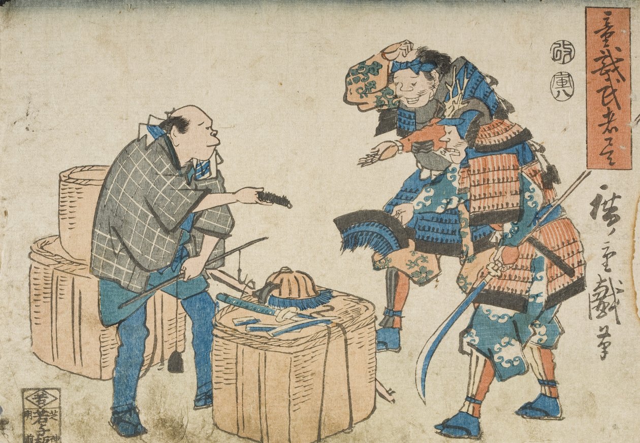 Haarniskan myynti romumetallikauppiaalle tekijältä Utagawa Hiroshige