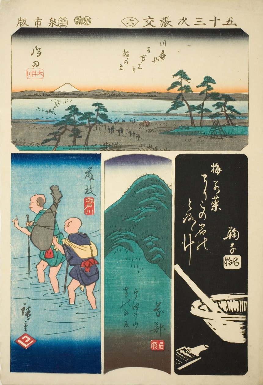 Shimada, Fujieda, Okabe ja Mariko, no. 6 sarjasta "Viidenkymmentäkolmen aseman leikkaukset (Gojusan tsugi harimaze)" tekijältä Utagawa Hiroshige