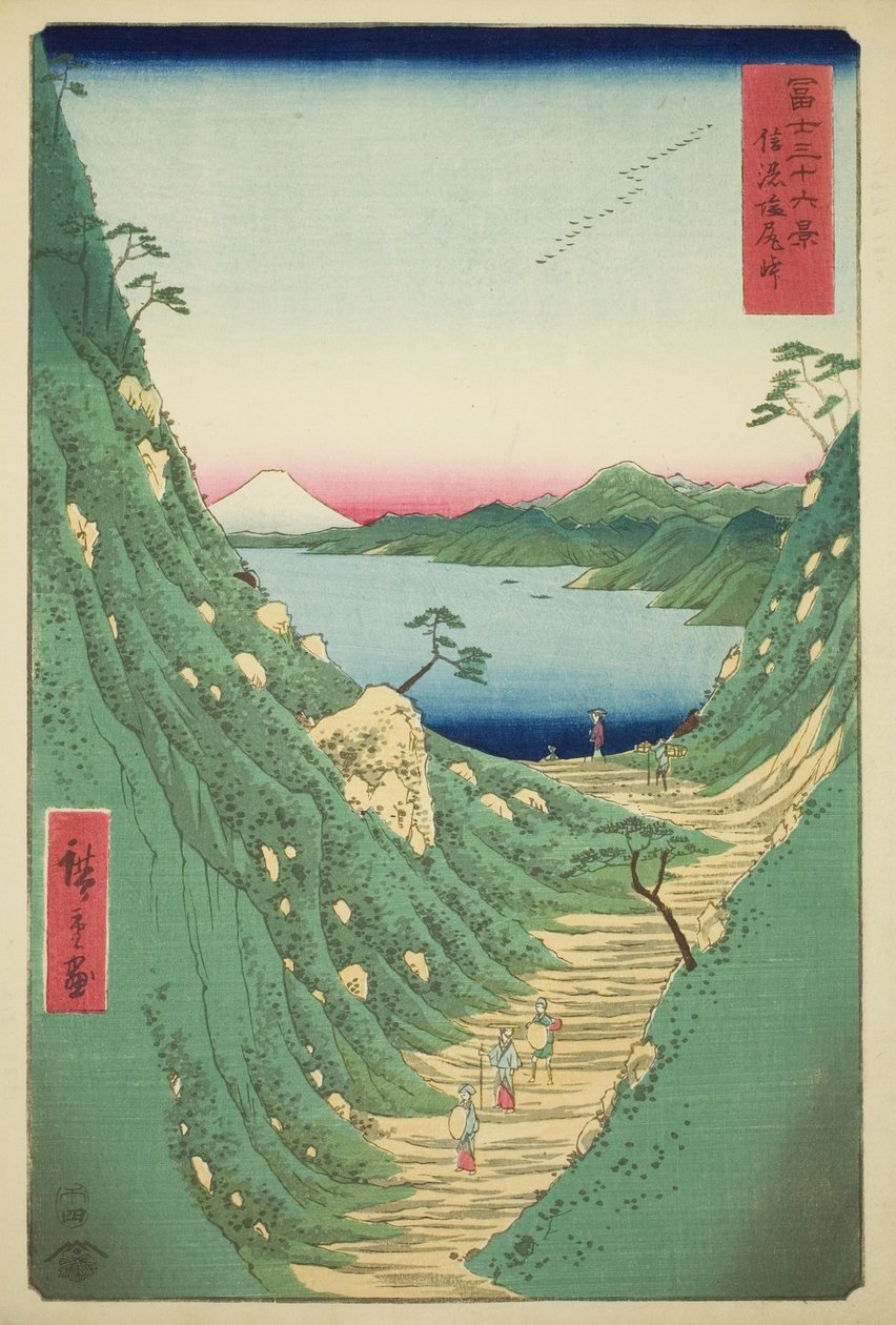 Shiojirin sola Shinanon maakunnassa (Shinano Shiojiri toge), sarjasta "Kolmekymmentäkuusi näkymää Fuji-vuorelle (Fuji sanjurokkei)" tekijältä Utagawa Hiroshige