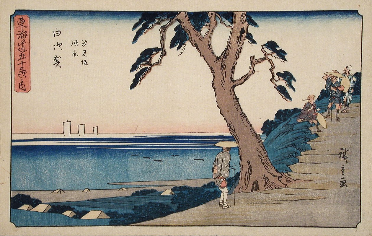 Shirasuka, näkymä Shiomizakan rinteeltä tekijältä Utagawa Hiroshige