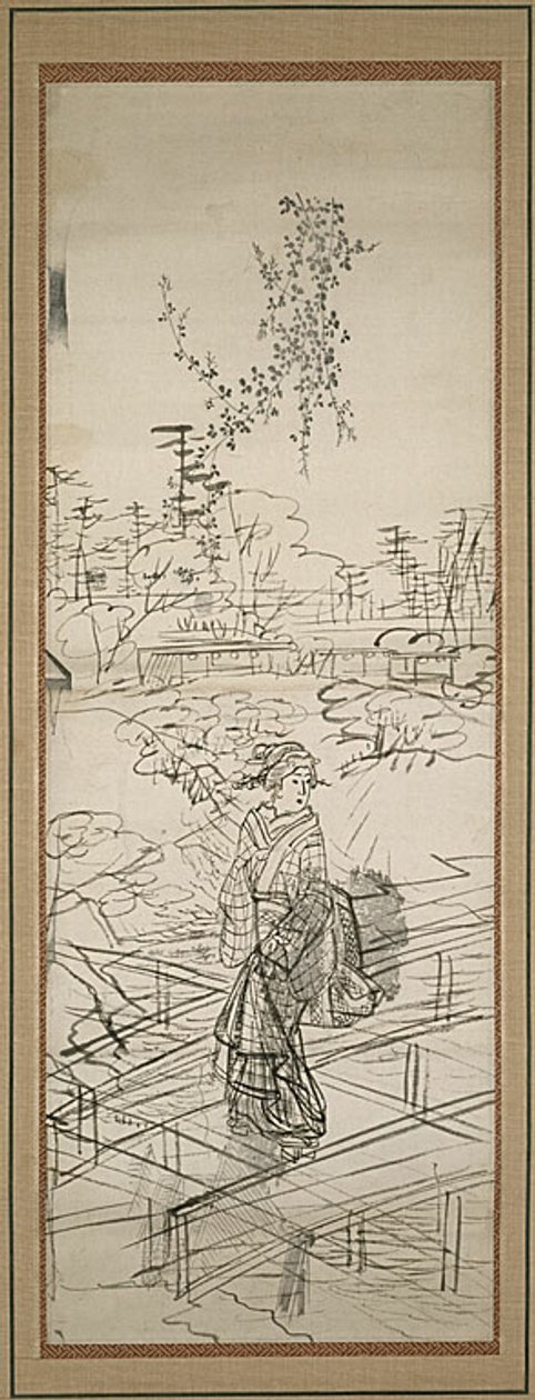Luonnos naista ylittämässä siltaa tekijältä Utagawa Hiroshige