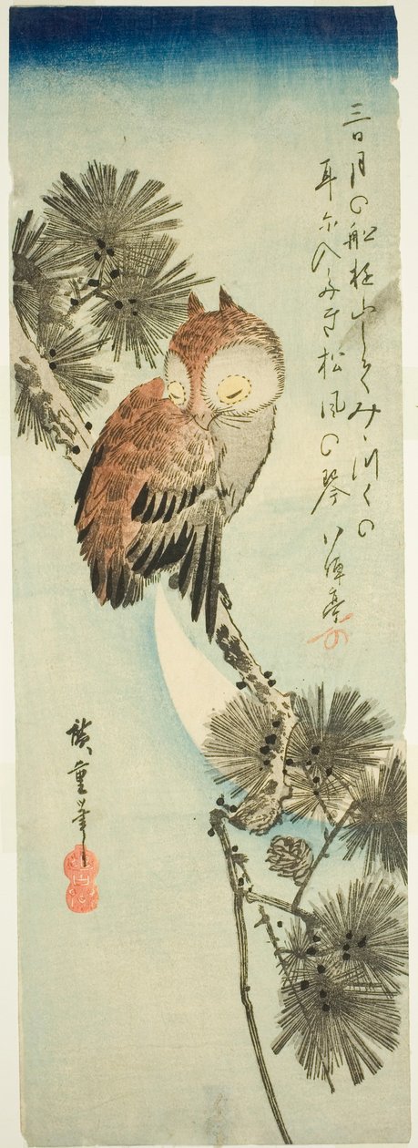 Pienisarvipöllö, mänty ja puolikuu tekijältä Utagawa Hiroshige