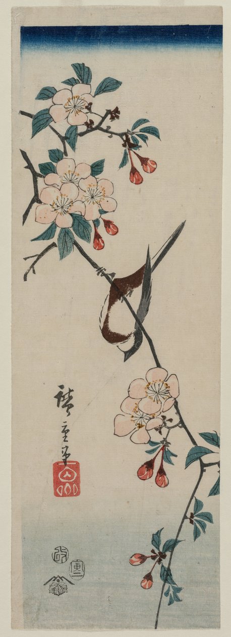 Pieni lintu (pääskynen?) kirsikkaoksalla tekijältä Utagawa Hiroshige