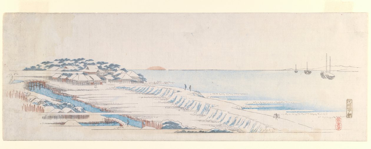 Snow Dawn at Susaki, Letter-Sheet -sarjasta, n. 1839-1840 (värillinen puupainatus) tekijältä Utagawa Hiroshige