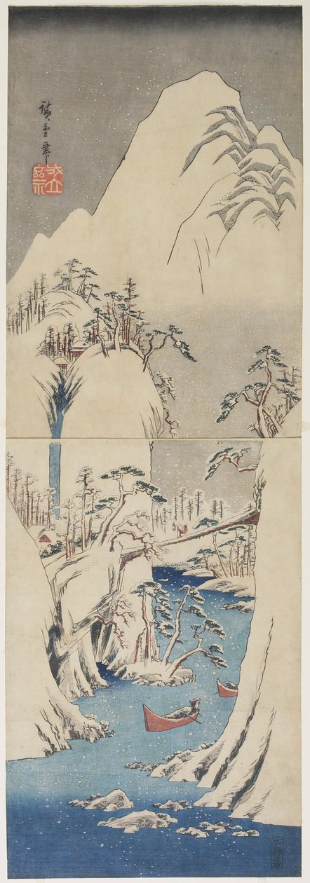 Lumikohtaus Fuji-joen varrella, n. 1842 tekijältä Utagawa Hiroshige