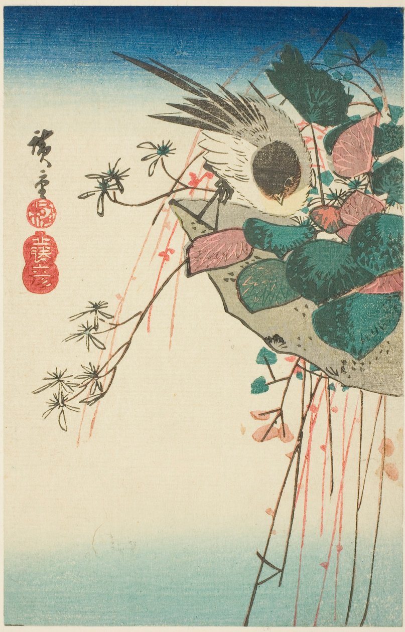 Varpunen riippuvalla istutuskoneella tekijältä Utagawa Hiroshige