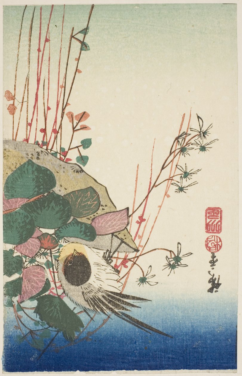 Varpunen riippuvalla istutuskoneella tekijältä Utagawa Hiroshige