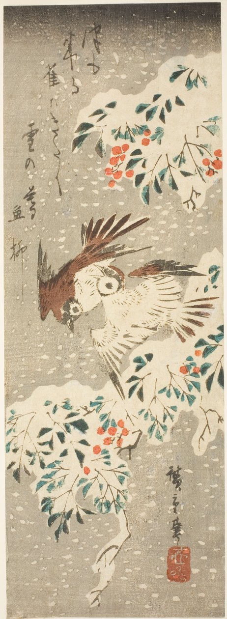 Varpuset lentelevät lumen peittämän Nandinan ympärillä, kun lunta sataa lisää tekijältä Utagawa Hiroshige