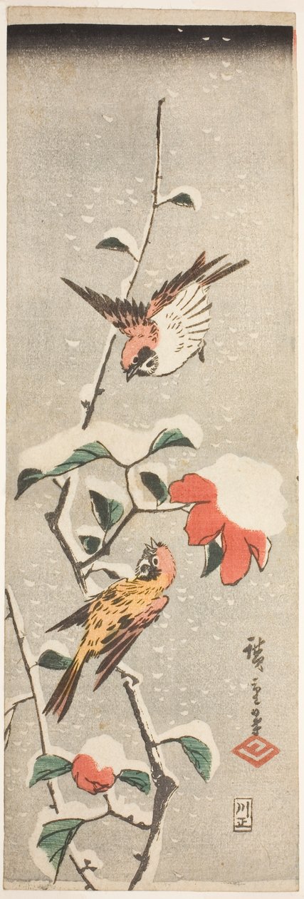 Varpuset ja kamelia lumessa tekijältä Utagawa Hiroshige