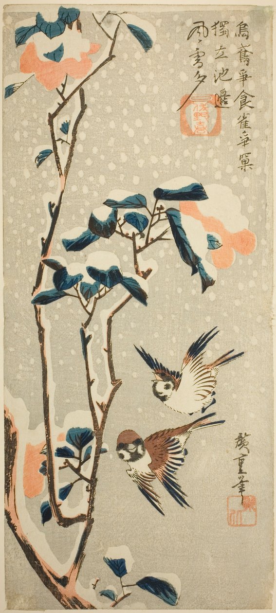 Varpuset ja kamelia lumessa tekijältä Utagawa Hiroshige