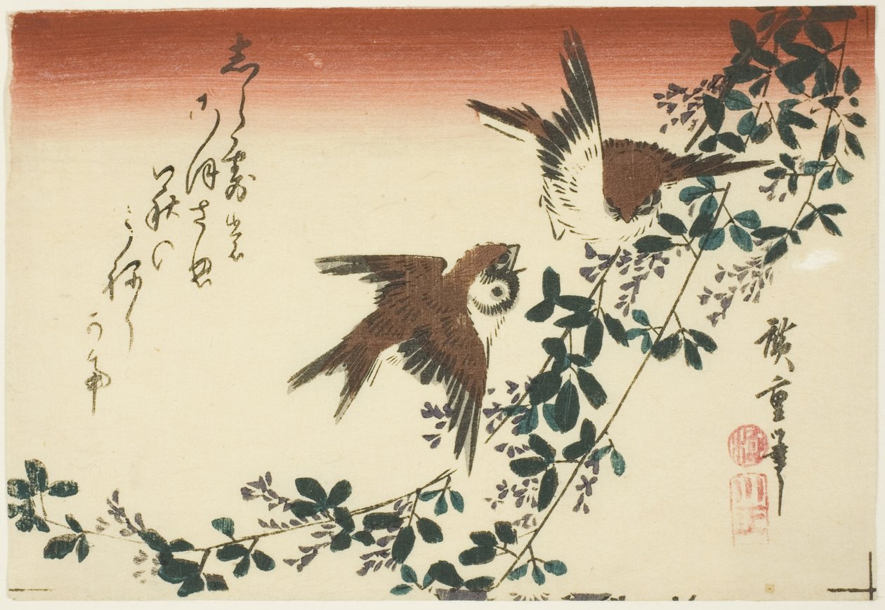 Varpuset ja pensasapila tekijältä Utagawa Hiroshige